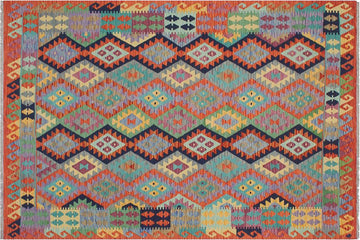 Flat Weave Kilim, Antique, Navaho, Vintage, Handmade, Geometric Kilim Blue Rust Hand-Woven Rectangle 100% Wool Area Rug 6 x 8